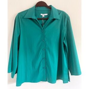 Chico's Women's Poplin Solid Cape Sleeve Shirt Ceramic Green Stretch NWT Size 8